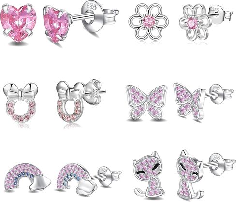 RANKEEF 4-8Pairs 925 Sterling Silver Earrings Hypoallergenic Small Hoop Tiny Heart Hoop CZ Ball Butterfly Daisy Stud Sets Pink Silver Hypoallergenic Cartilage Sleeper Earrings in Saudi Arabia