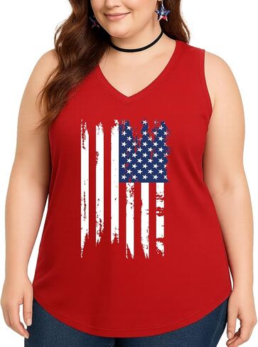 Flafens Plus Size Tank Tops for Women - Summer Shirts V-Neck Sleeveless Casual Tank Tops American USA Flag Graphic Tee in Saudi Arabia