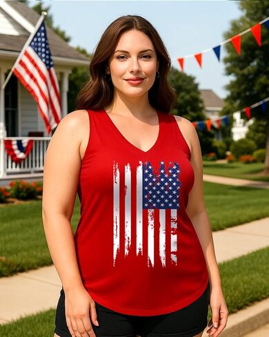 Flafens Plus Size Tank Tops for Women - Summer Shirts V-Neck Sleeveless Casual Tank Tops American USA Flag Graphic Tee in Saudi Arabia