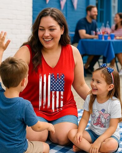 Flafens Plus Size Tank Tops for Women - Summer Shirts V-Neck Sleeveless Casual Tank Tops American USA Flag Graphic Tee in Saudi Arabia