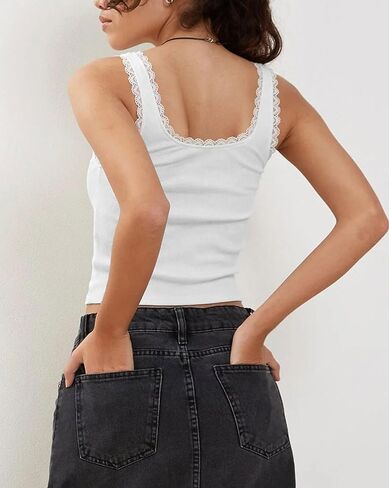 Women's Lace Trim Ribbed Tank Tops, Sexy Square Neck Wide Strap Camisole with Bow, Slim Fit Y2K Going Out Cami Tops in Saudi Arabia