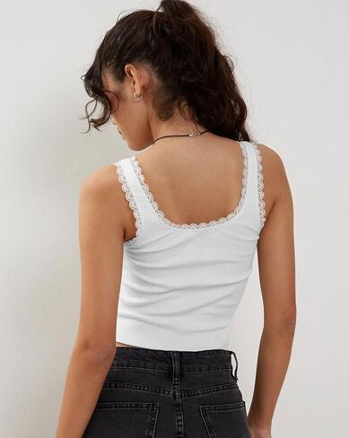 Women's Lace Trim Ribbed Tank Tops, Sexy Square Neck Wide Strap Camisole with Bow, Slim Fit Y2K Going Out Cami Tops in Saudi Arabia