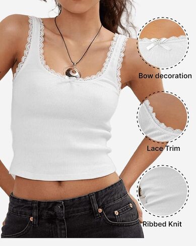 Women's Lace Trim Ribbed Tank Tops, Sexy Square Neck Wide Strap Camisole with Bow, Slim Fit Y2K Going Out Cami Tops in Saudi Arabia