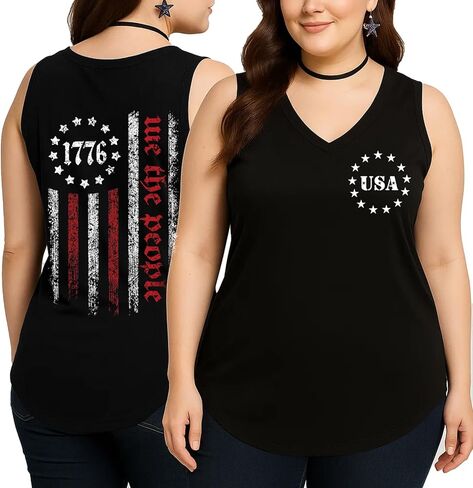 Flafens Plus Size Tank Tops for Women - Summer Shirts V-Neck Sleeveless Casual Tank Tops American USA Flag Graphic Tee in Kuwait