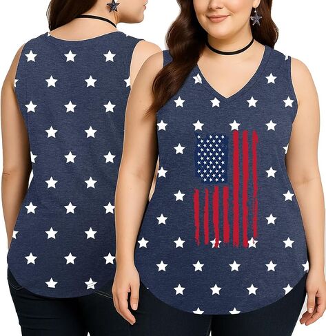 Flafens Plus Size Tank Tops for Women - Summer Shirts V-Neck Sleeveless Casual Tank Tops American USA Flag Graphic Tee in Saudi Arabia