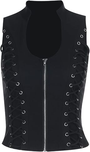 Womens Sleeveless Punk Rock Crop Tank Top Zipper Goth Streetwear Y2k Music Festival Outfits in Saudi Arabia