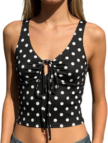 Women Y2k Polka Dot Sleeveless V Neck Tank Top Tight Slim Fitted Going Out Crop Tops Trendy Summer Cami Shirts in Saudi Arabia