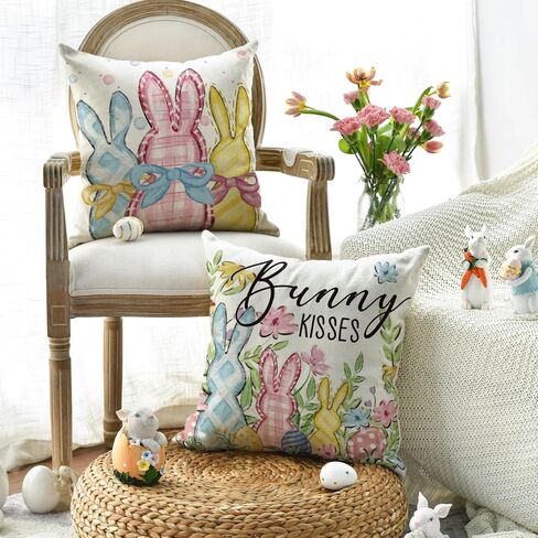 AVOIN colorlife سعيد عيد الفصح أرنب عيد الفصح البيض الزهور الملونة رمي أغطية الوسائد، 18 × 18 بوصة الأرنب القبلات أوراق الأوكالبتوس الديكور وسادة القضية لأريكة الأريكة مجموعة من 4 in Kuwait