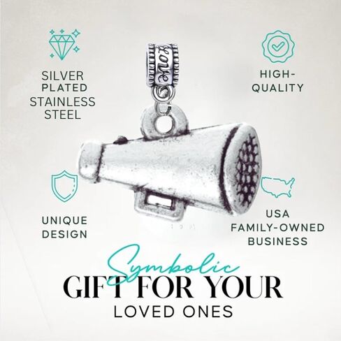 Cheer Megaphone Charm Bead – Silver-Plated Cheerleading Dangle Charm for Bracelets & Necklaces – Compatible with Pandora, Troll, Chamilia & European Bracelets – Gift for Cheerleaders & Coaches in Saudi Arabia