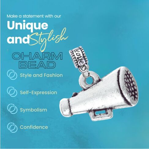Cheer Megaphone Charm Bead – Silver-Plated Cheerleading Dangle Charm for Bracelets & Necklaces – Compatible with Pandora, Troll, Chamilia & European Bracelets – Gift for Cheerleaders & Coaches in Saudi Arabia