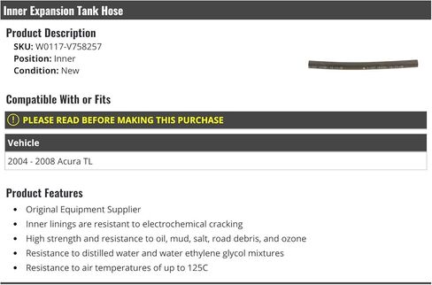 Inner Radiator Coolant Overflow Expansion Tank Hose - Compatible with 2004-2008 Acura TL in Saudi Arabia