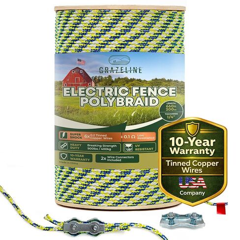 Electric Fence Polybraid 1000 Feet 1/4" - 6 x Tinned Copper Wire for Superior Shock - Heavy Duty Poly Rope Braided - Premium Horse Fencing Highly Visible - UV, Rust and Corrosion Resistant in Kuwait