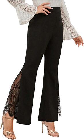 سروال نسائي من GORGLITTER مصنوع من الدانتيل بنقشة الزهور وخصر عالي وشبكة واسعة الساق in Kuwait