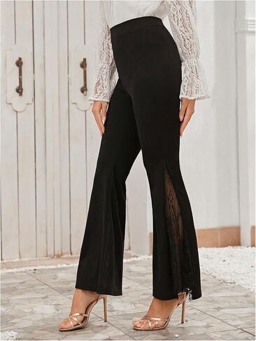 سروال نسائي من GORGLITTER مصنوع من الدانتيل بنقشة الزهور وخصر عالي وشبكة واسعة الساق in Kuwait