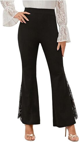 سروال نسائي من GORGLITTER مصنوع من الدانتيل بنقشة الزهور وخصر عالي وشبكة واسعة الساق in Kuwait