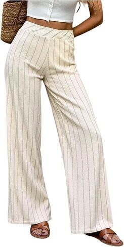 Floerns Women's Striped Pants High Waisted Straight Leg Going Out Casual Trousers in Kuwait