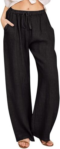 Women's Cotton Linen Pants - Summer Wide Leg Casual Loose Drawstring High Waist Palazzo Pants with Pockets in Saudi Arabia