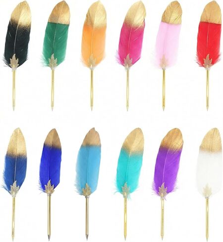 12 Pack Feather Ballpoint Pens Vintage Quill Pen Set with Assorted Colors & Gold Finish Barrels 10 in Retro Writing Instrument for Wedding Guest Book, Office Decor, and Party Favors (Black Ink) in Kuwait