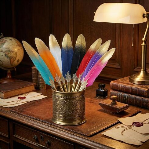 12 Pack Feather Ballpoint Pens Vintage Quill Pen Set with Assorted Colors & Gold Finish Barrels 10 in Retro Writing Instrument for Wedding Guest Book, Office Decor, and Party Favors (Black Ink) in Kuwait