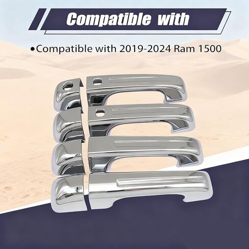 4 Pcs Chrome Door Handle Covers With 2 Front Smart Keyholes Cutout Compatible with 2019-2024 Ram 1500 4DR Model in Kuwait