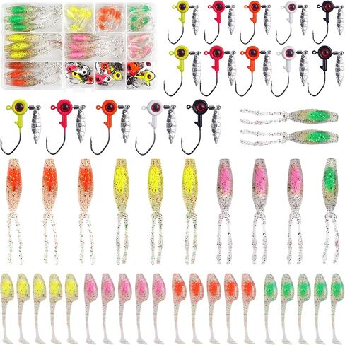 Crappie Lures Fishing Soft Plastic Lures Kit, 52pcs Soft Bait Crappie Fishing Lures Crappie Baits Swim Baits Split Paddle Tail Grub Soft Plastic for Bass Crappie Panfish Sunfish Walleye Fishing in Saudi Arabia