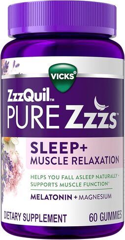 ZzzQuil Vicks Pure Zzzs Sleep+ Muscle Relaxation Melatonin Sleep Aid Gummies, Supports Healthy Muscle Function, Melatonin + Magnesium, No Next-Day Grogginess, Drug-Free & Non-Habit Forming, 60ct in Kuwait