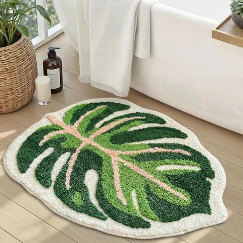 Sisher Cute Monstera Bath Mat,Green Leaf Bath Mat,Non Slip,Soft,Absorbent,Machine Washable for Bathroom Bathtub Rugs,Toilet,Kids Room,Bedroom,Monstera Leaf Rug(21"X26") in Saudi Arabia
