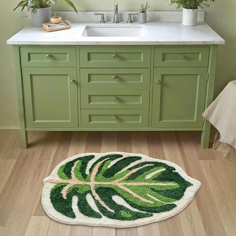 Sisher Cute Monstera Bath Mat,Green Leaf Bath Mat,Non Slip,Soft,Absorbent,Machine Washable for Bathroom Bathtub Rugs,Toilet,Kids Room,Bedroom,Monstera Leaf Rug(21"X26") in Saudi Arabia