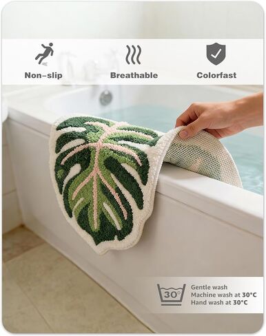 Sisher Cute Monstera Bath Mat,Green Leaf Bath Mat,Non Slip,Soft,Absorbent,Machine Washable for Bathroom Bathtub Rugs,Toilet,Kids Room,Bedroom,Monstera Leaf Rug(21"X26") in Saudi Arabia