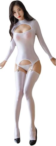 فستان LESOYA نسائي مثير من الساتان اللامع بأكمام طويلة شبه شفاف من خلال فستان ضيق مع جوارب in Kuwait