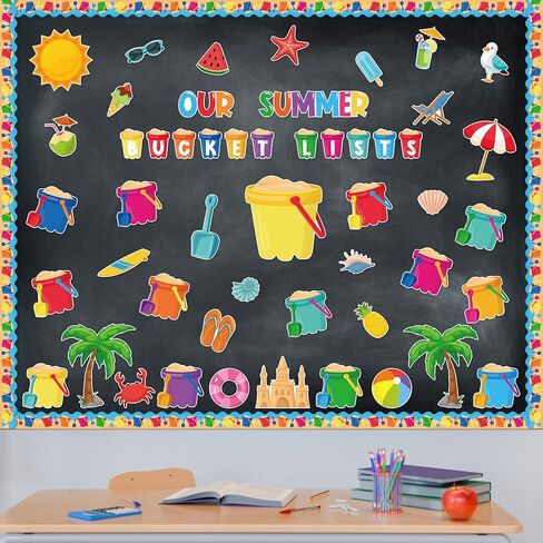 118 قطعة من مجموعة ديكورات لوحة الإعلانات للعودة إلى المدرسة، دلو الصيف الخاص بنا يسرد القواطع والزخارف الحدودية وعلامات اسم شاطئ الشمس ومستلزمات الفصول الدراسية الاستوائية في هاواي وديكور جدار الباب السبورة in Kuwait