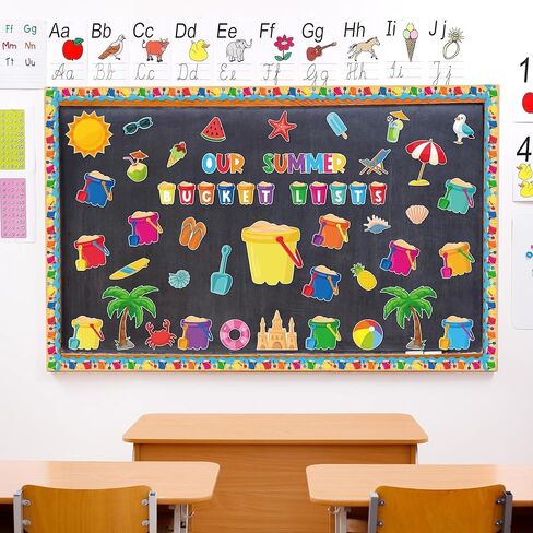 118 قطعة من مجموعة ديكورات لوحة الإعلانات للعودة إلى المدرسة، دلو الصيف الخاص بنا يسرد القواطع والزخارف الحدودية وعلامات اسم شاطئ الشمس ومستلزمات الفصول الدراسية الاستوائية في هاواي وديكور جدار الباب السبورة in Kuwait