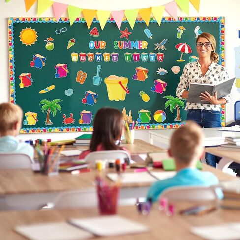 118 قطعة من مجموعة ديكورات لوحة الإعلانات للعودة إلى المدرسة، دلو الصيف الخاص بنا يسرد القواطع والزخارف الحدودية وعلامات اسم شاطئ الشمس ومستلزمات الفصول الدراسية الاستوائية في هاواي وديكور جدار الباب السبورة in Kuwait