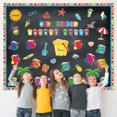 118 قطعة من مجموعة ديكورات لوحة الإعلانات للعودة إلى المدرسة، دلو الصيف الخاص بنا يسرد القواطع والزخارف الحدودية وعلامات اسم شاطئ الشمس ومستلزمات الفصول الدراسية الاستوائية في هاواي وديكور جدار الباب السبورة in Kuwait