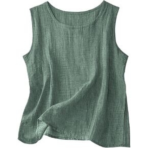 المرأة الكتان تانك القمم خفيفة الوزن عادية Crewneck قميص بدون أكمام الصيف الربيع Flowy فضفاضة تناسب الأساسية الشاش بروتيل in Kuwait