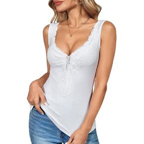 Womens Lace Tank Top Sexy Deep V Neck Wide Strap Tops Fitted Basic Cami Shirts in Kuwait