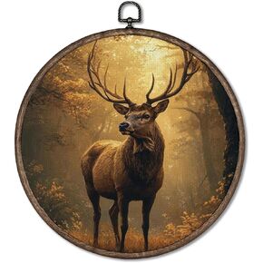 Giosve Vintage Rustic Fall Reindeer Round Wall Art Canvas Framed Poster, Cottagecore Autumn Forest Landscape Deer Animal Hanging Wall Sculptures for Home Bedroom Living Room Decor, 10x10 Inch in Kuwait