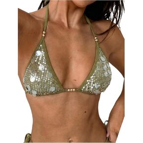 MakeMeChic Women's Sequin Triangle Bikini Tops Glitter Halter Beaded Backless Summer Swimsuit Tops in Kuwait