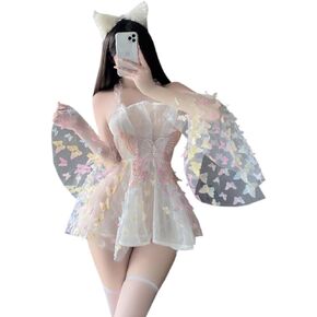 ملابس كيمونو مثيرة للنساء، فستان رداء زي تنكري، شبكة قصيرة على شكل فراشة، لطيفة مفتوحة من الأمام، رقبة عميقة على شكل حرف V، نمط زهور، ملابس نوم يابانية يوكاتا أنيمي بفتحة جانبية، مجموعة بيجامات بيضاء in Kuwait