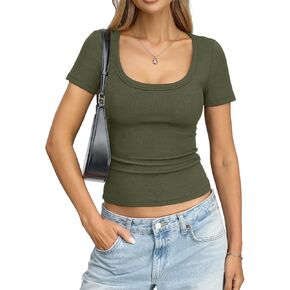 Womens Cotton Ribbed Short Sleeve Tops Summer Scoop Neck T-Shirts Cute Slim Fitted Tees Basic Casual Tops 2026 in Saudi Arabia