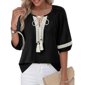 Unixseque المرأة بلايز الصيف الخامس الرقبة التعادل الجبهة البلوزات أنيق عادية فلوي نصف كم بوهو القمصان in Kuwait