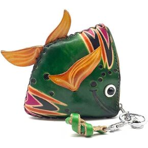 Handmade Vintage Genuine Leather 3D Animal Fish Money Coin Purse with wrist strap; Removable strap (Red) in Kuwait