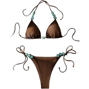 SHENHE Women's String Bikini Set 2 Piece Triangle Halter Side Tie Beaded Swimsuits Bathing Suits in Kuwait