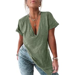 UNCLECAT Deep V Neck Short Sleeve T Shirts for Womens - Oversized Summer 2026 Side Slit Loose Tunic Top Sexy Tee in Kuwait