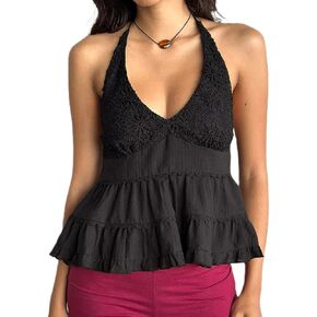 Women Y2K Crochet Halter Top Fairy V Neck Backless Layered Peplum Babydoll Tank Top Vintage Going Out Cami Shirts in Kuwait