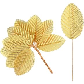 300 Pcs Artificial Silk Leaves Golden, Fake Flower Leaf with Stem Faux Wire Single Leaves Gold Floral Accents Silk Leaf Artificial Leafs for DIY Crafts Wedding Garland Floral Arrangements in Kuwait
