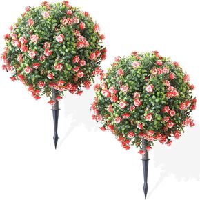 Artificial Boxwood Topiary Ball Trees Set of 2 – Daisy or Rose Flower – Red or Purple – UV Resistant Stake Plants for Planters Porch Patio Garden Decor(Purple, Daisy) in Kuwait