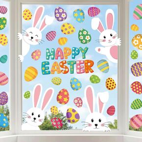 9 Sheets Happy Easter Window Clings, Bunny & Colorful Eggs Static Window Stickers, Double-Sided Removable Easter Window Decorations for Home, Store, Office in Kuwait