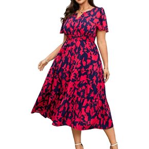 Women's 2026 Plus Size Summer Dress Short Sleeve V Neck Smocked Boho Beach Vacation Wedding Guest Floral Maxi Dresses in Kuwait