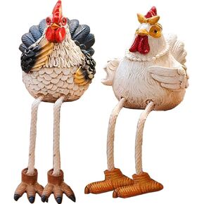 Funny Shelf Sitting Chicken Figurines – Farmhouse Rooster & Hen Statues with Dangling Legs – Rustic Tabletop Home Decor, Kitchen, Garden Ornaments (Set of 2) in Kuwait
